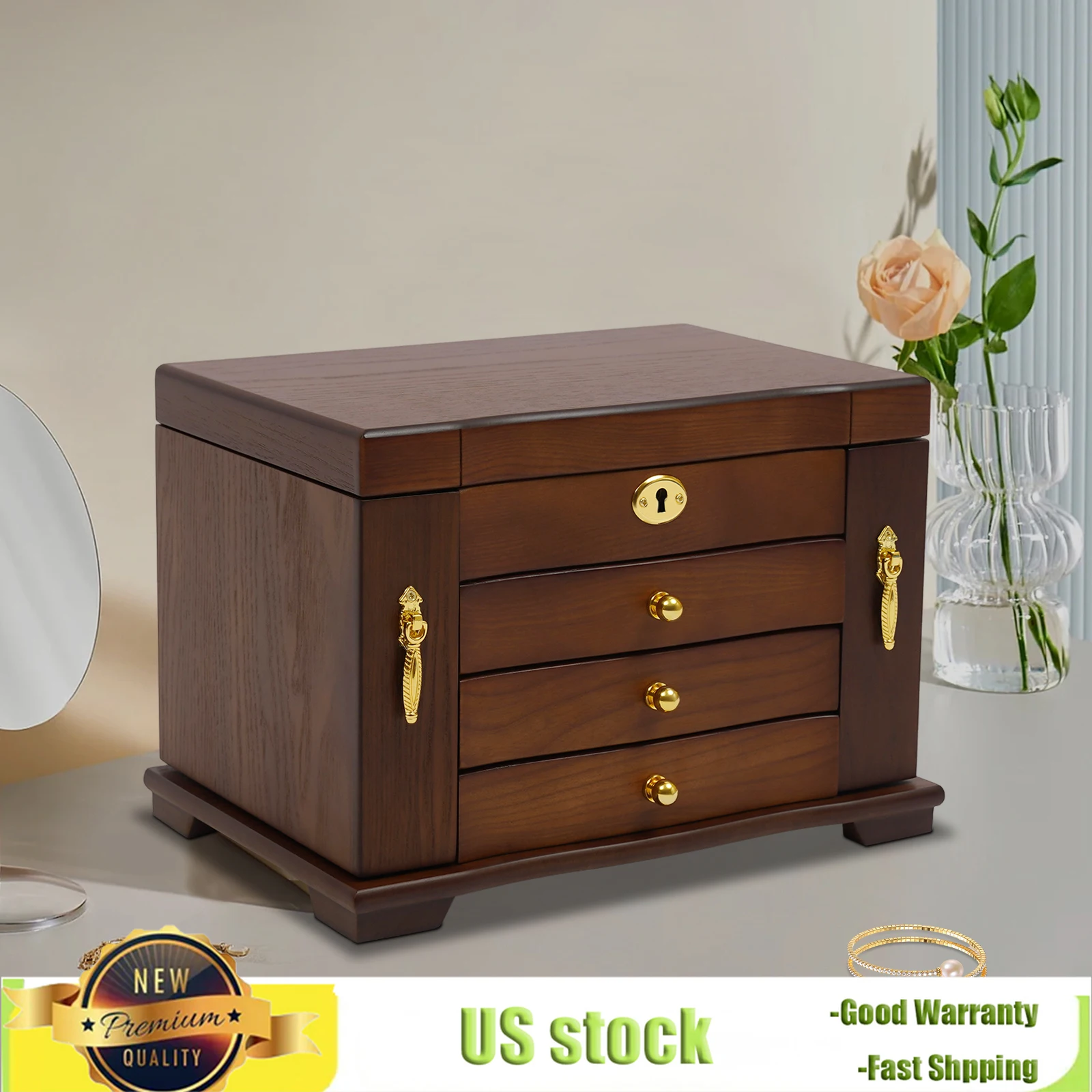Bymaocar 4-layer Solid Wood Lockable Jewelry Box, Compact Jewelry Storage Cabinet with 3 Drawers and Double-sided Compartments
Bymaocar 4-layer Solid Wood Lockable Jewelry Box, Compact Jewelry Storage Cabinet with 3 Drawers and Double-sided Compartments
