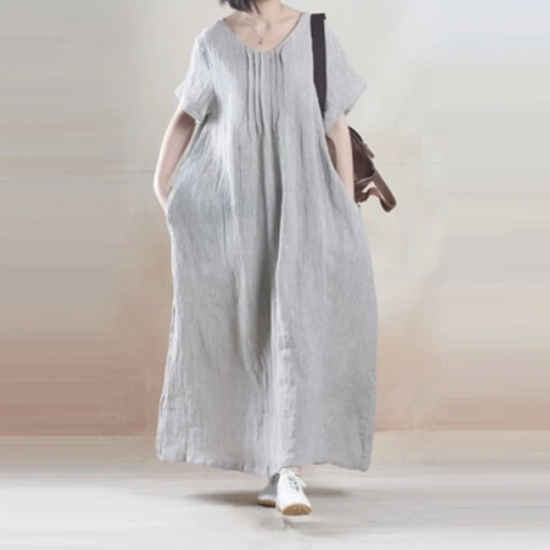 2022 Summer Arts Style Women Short Sleeve Loose Long Dress Vintage Gray Cotton Linen V-neck Dresses Female Vestidos C405
2022 Summer Arts Style Women Short Sleeve Loose Long Dress Vintage Gray Cotton Linen V-neck Dresses Female Vestidos C405