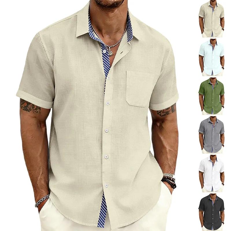 Men Lapel Linen Shirt Contrast Striped Inner Short Sleeve Casual Summer Blouse
Men Lapel Linen Shirt Contrast Striped Inner Short Sleeve Casual Summer Blouse