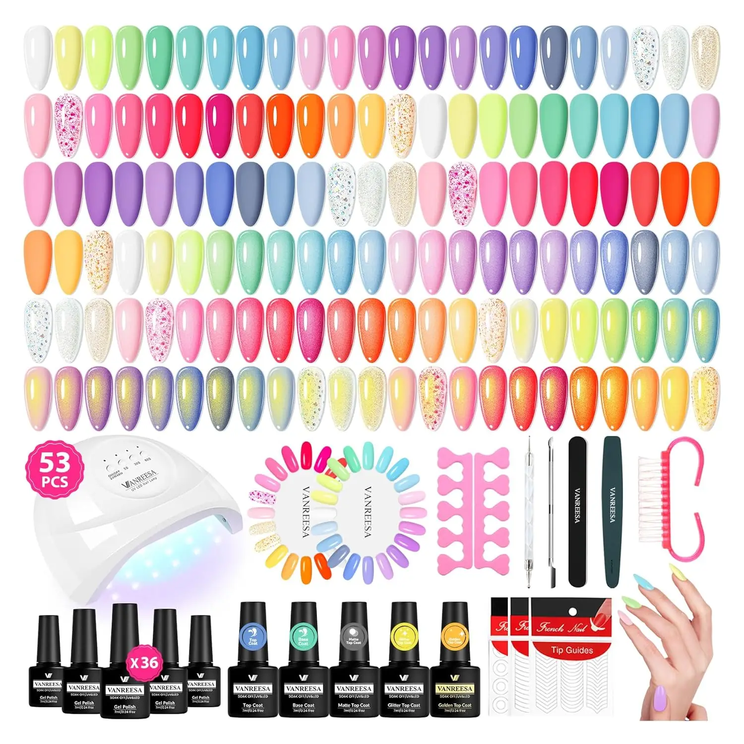 53 Pcs Gel Nail Polish Kit with UV Light, 36 Colors Gel Polish Set with Base & Top Coats, 48W Nail Lamp, Complete Manicure Kit
53 Pcs Gel Nail Polish Kit with UV Light, 36 Colors Gel Polish Set with Base & Top Coats, 48W Nail Lamp, Complete Manicure Kit