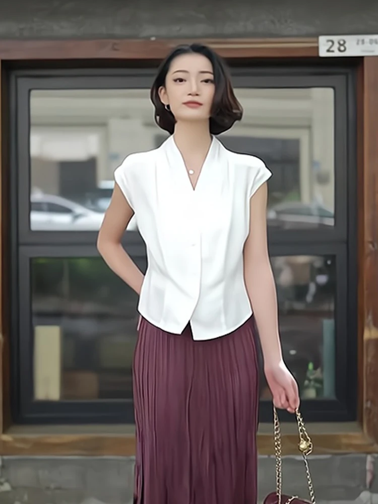Slim Fit Pure Color irt Summer Single Button Svel Vest Ele Pleated Women's Blouse Commute Sle Korean Version
Slim Fit Pure Color irt Summer Single Button Svel Vest Ele Pleated Women's Blouse Commute Sle Korean Version