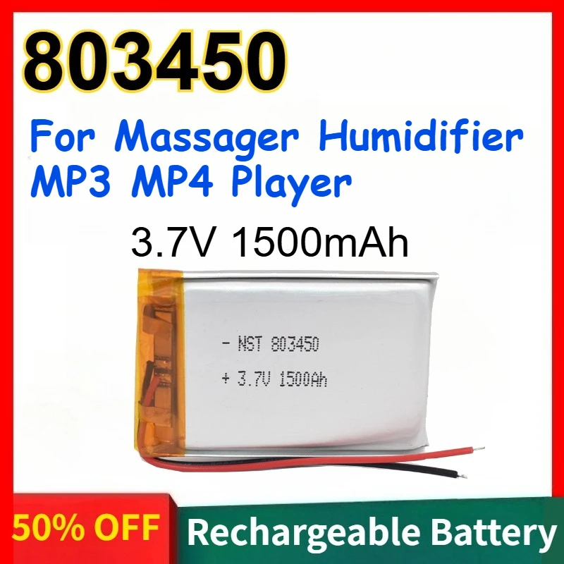 803450 1500mAh 3.7V Polymer Lithium Battery for Massager Humidifier MP3 MP4 Player Large Capacity Rechargeable Batteries
803450 1500mAh 3.7V Polymer Lithium Battery for Massager Humidifier MP3 MP4 Player Large Capacity Rechargeable Batteries