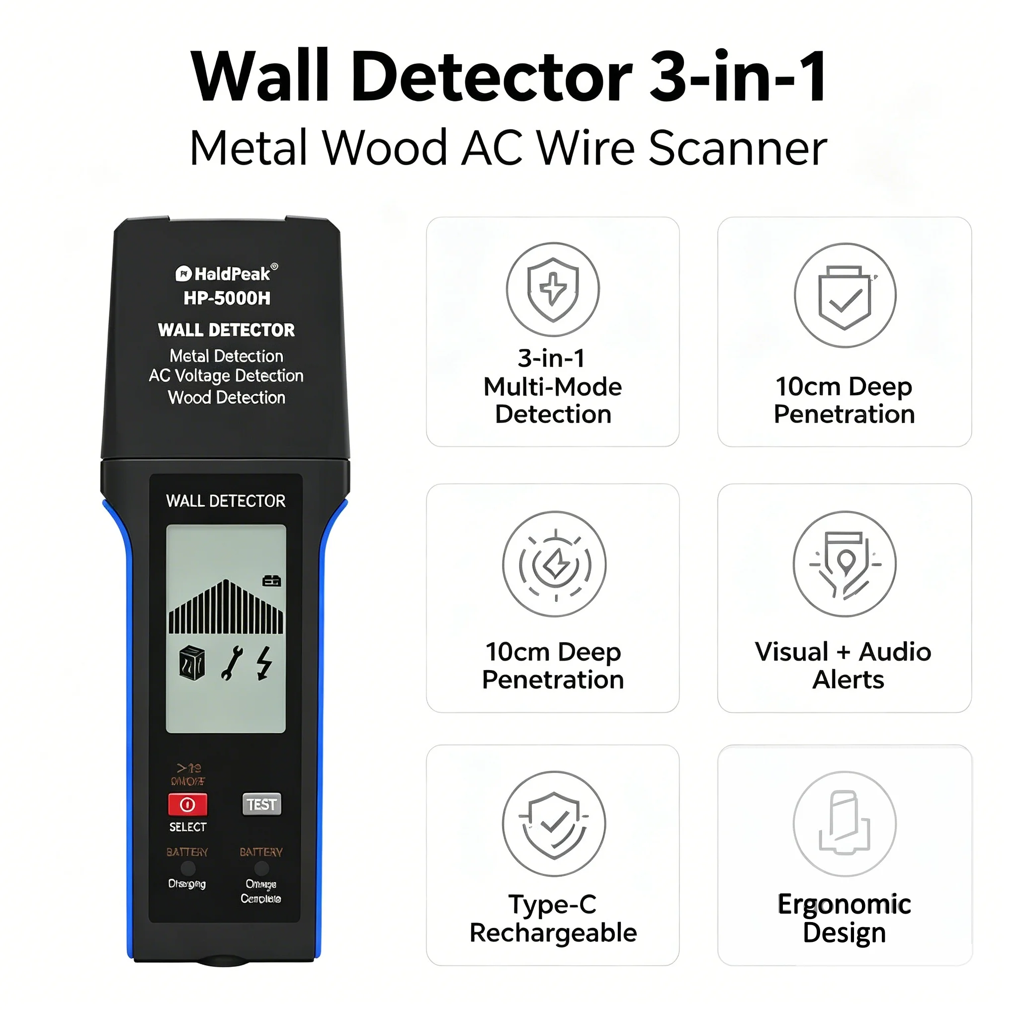 Wall Detector 3-in-1 Metal Wood AC Wire Scanner 10cm Depth Type-C Rechargeable for Stud Finders DIY Construction
Wall Detector 3-in-1 Metal Wood AC Wire Scanner 10cm Depth Type-C Rechargeable for Stud Finders DIY Construction
