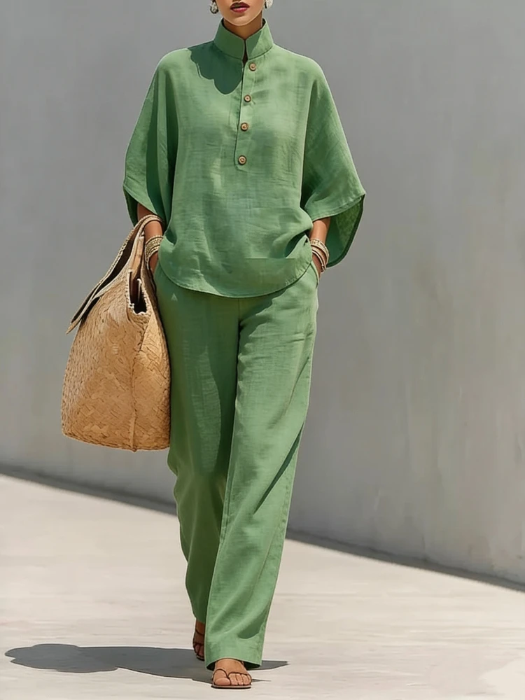 Fashion Cotton Linen Button Stand Collar 9 Quarter Sleeves Loose Women's 2-piece Suit Spring Casual Wide Leg Pants Suit Female
Fashion Cotton Linen Button Stand Collar 9 Quarter Sleeves Loose Women's 2-piece Suit Spring Casual Wide Leg Pants Suit Female