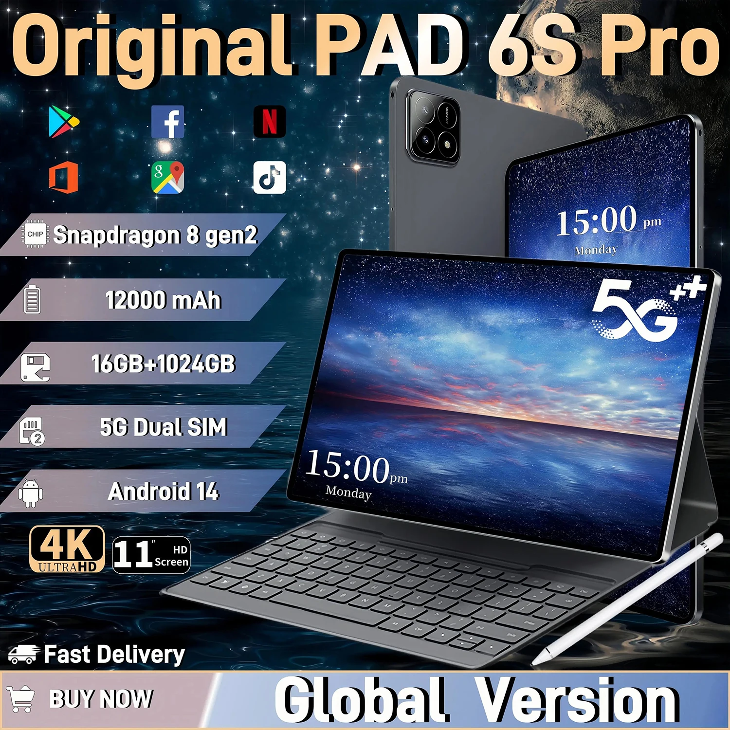 2024 Original Pad 6S Pro Tablet Android 14 Snapdragon 8gen2 11Inch HD 16GB+1TB 12000mAh 5G Dual SIM Bluetooth WiFi GPS Tables PC
2024 Original Pad 6S Pro Tablet Android 14 Snapdragon 8gen2 11Inch HD 16GB+1TB 12000mAh 5G Dual SIM Bluetooth WiFi GPS Tables PC