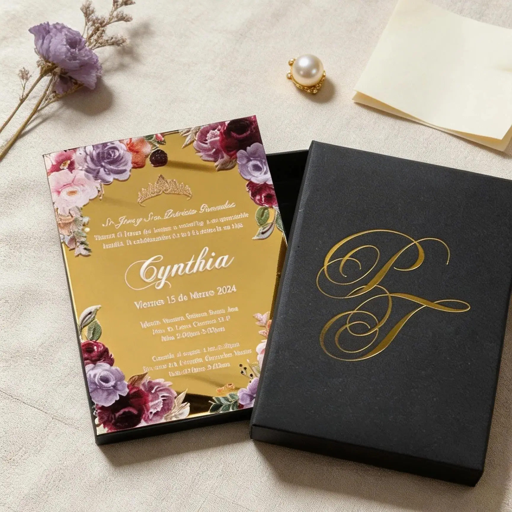 30Pcs Custom Luxury Mirror Gold Acrylic Wedding Invitations with Foiled Packing Boxes,Silver Acrylic Invite Card for Quinceanera
30Pcs Custom Luxury Mirror Gold Acrylic Wedding Invitations with Foiled Packing Boxes,Silver Acrylic Invite Card for Quinceanera