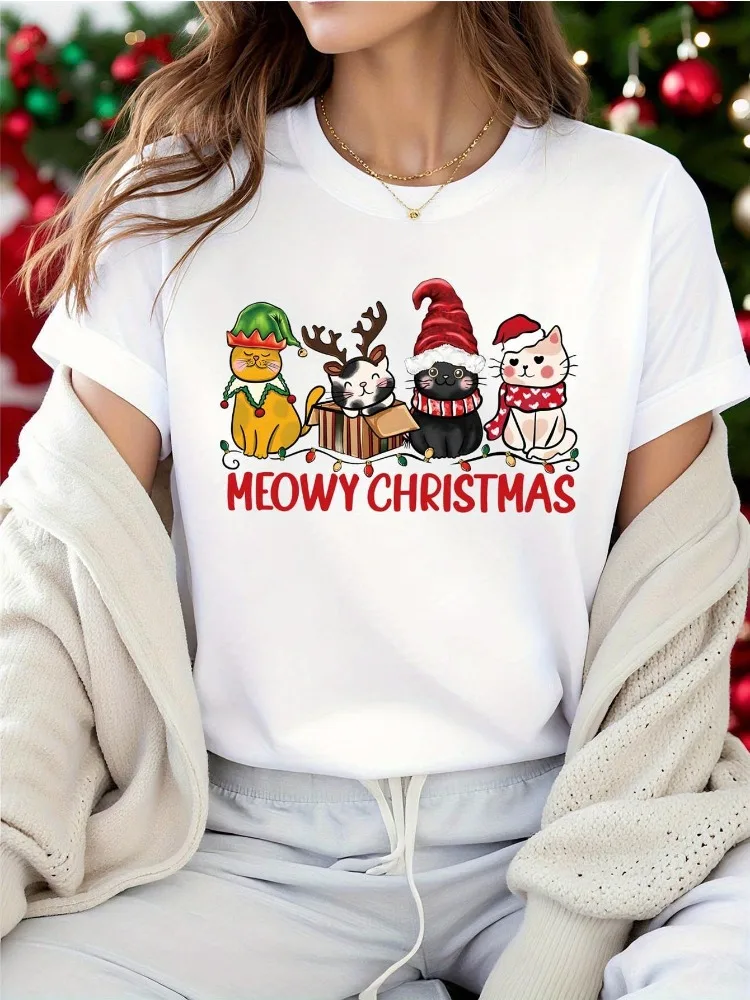2025 Women's Cat Christmas Print T-Shirt Adorable Cat and Reindeer Christmas Hat Holiday T-Shirt Crew Neck Top Everyday Wear
2025 Women's Cat Christmas Print T-Shirt Adorable Cat and Reindeer Christmas Hat Holiday T-Shirt Crew Neck Top Everyday Wear