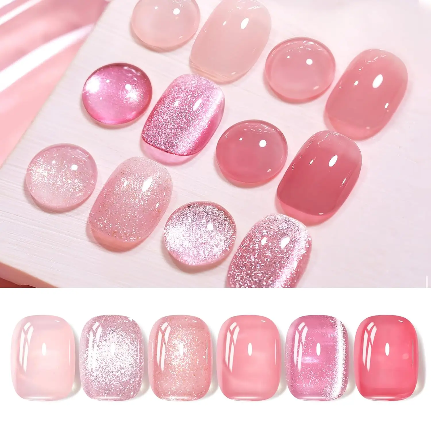 6 Colors Pink Nude Gel Nail Polish Set, Jelly Transparent, Cat Eye, Glitter, Holographic for Salon & Home DIY
6 Colors Pink Nude Gel Nail Polish Set, Jelly Transparent, Cat Eye, Glitter, Holographic for Salon & Home DIY