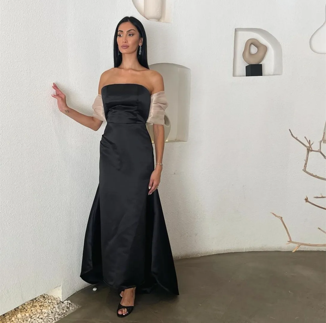 Customized Hi-Lo Black Satin Evening Dresses Mermaid Strapless Asymmetrical Length Prom Dresses for Women
Customized Hi-Lo Black Satin Evening Dresses Mermaid Strapless Asymmetrical Length Prom Dresses for Women
