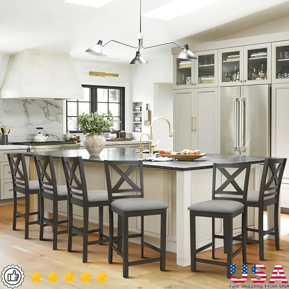 Set of 6 Upholstered Bar Stools with Cross Back Wood Legs Modern Kitchen Island Dining Room Furniture
Set of 6 Upholstered Bar Stools with Cross Back Wood Legs Modern Kitchen Island Dining Room Furniture