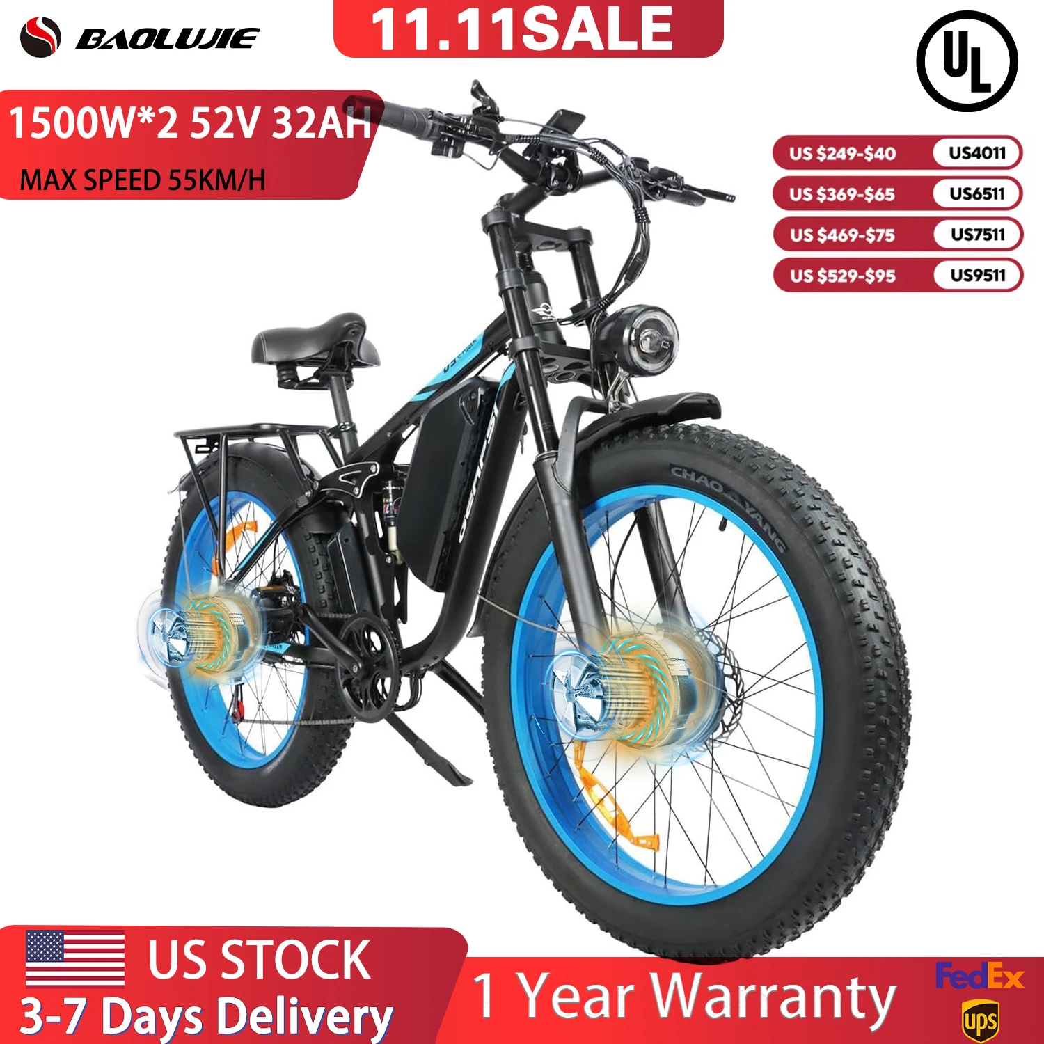 【1 Year Warranty】BAOLUJIE 2603 3000W E bike Electric Bike 52V32AH 55KM/H Electric Bicycle Mountain E-bikes for Adults Dual Motor
【1 Year Warranty】BAOLUJIE 2603 3000W E bike Electric Bike 52V32AH 55KM/H Electric Bicycle Mountain E-bikes for Adults Dual Motor