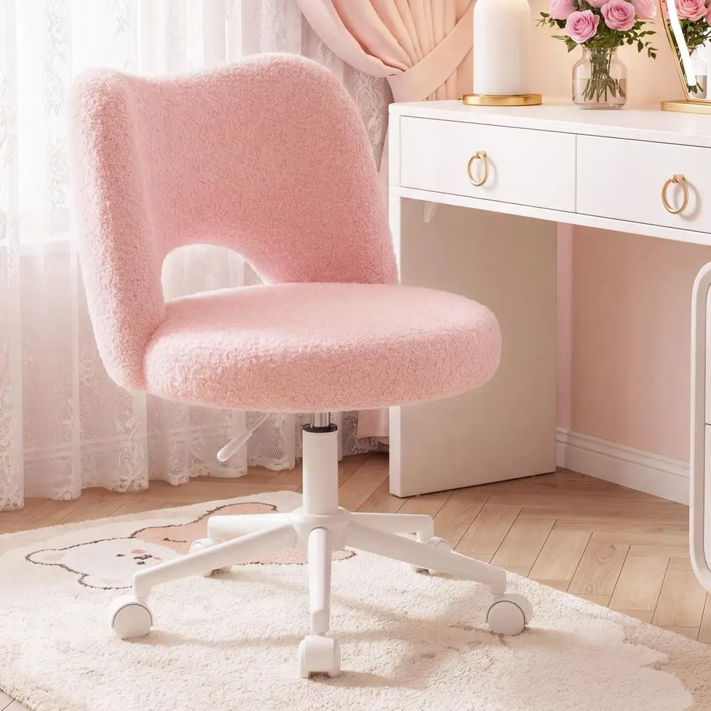 Vanity Chair with Open Hollow Back, Armless Desk Chair with Silent Wheels, Height Adjustable, Soft Teddy Fabric, 360 Swivel for
Vanity Chair with Open Hollow Back, Armless Desk Chair with Silent Wheels, Height Adjustable, Soft Teddy Fabric, 360 Swivel for