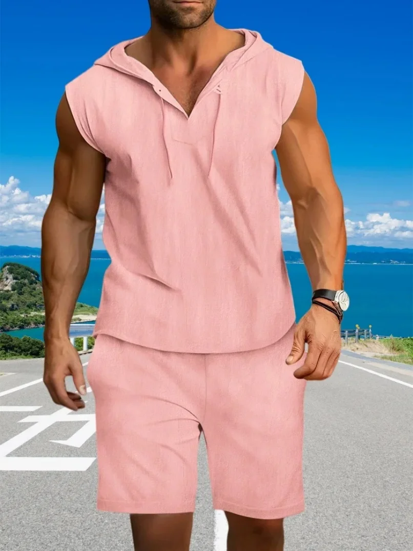 Summer men's casual fashionable hooded sleeveless solid-color T-shirt vest + short pants cotton and linen trendy sports outfit
Summer men's casual fashionable hooded sleeveless solid-color T-shirt vest + short pants cotton and linen trendy sports outfit