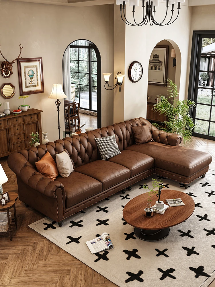 American retro leather sofa first layer cowhide corner living room household size apartment princess brown leather sofa
American retro leather sofa first layer cowhide corner living room household size apartment princess brown leather sofa