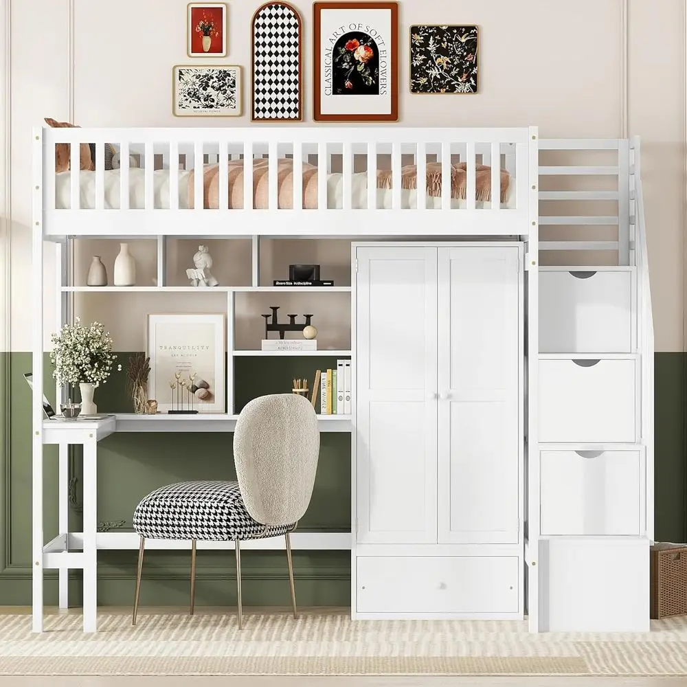 Stylish Wooden Twin Loft Bed with Stairs, Wardrobe, and Desk for Kids
Stylish Wooden Twin Loft Bed with Stairs, Wardrobe, and Desk for Kids