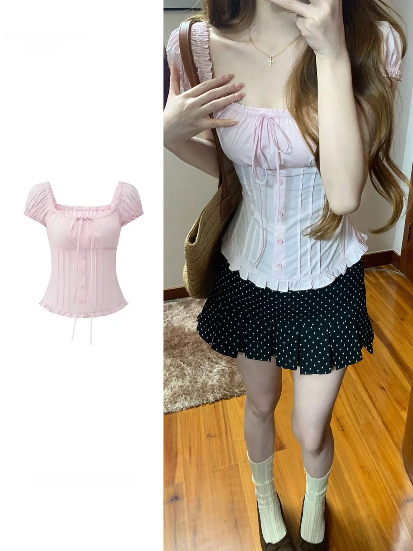 Sweet Bubble Sleeve Polka Dot Shirt with Bow Tie And Short Skirt Two Piece Set for Women Korean Style Summer Fashion
Sweet Bubble Sleeve Polka Dot Shirt with Bow Tie And Short Skirt Two Piece Set for Women Korean Style Summer Fashion