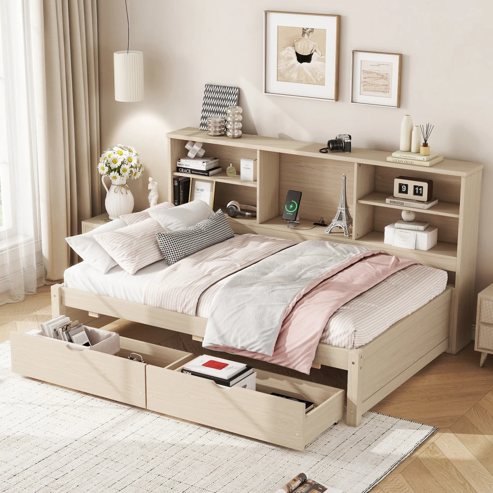 Twin Size Bed Frame With Side Bookshelves, Two Drawers, And Built-in USB Port For Natural Color
Twin Size Bed Frame With Side Bookshelves, Two Drawers, And Built-in USB Port For Natural Color