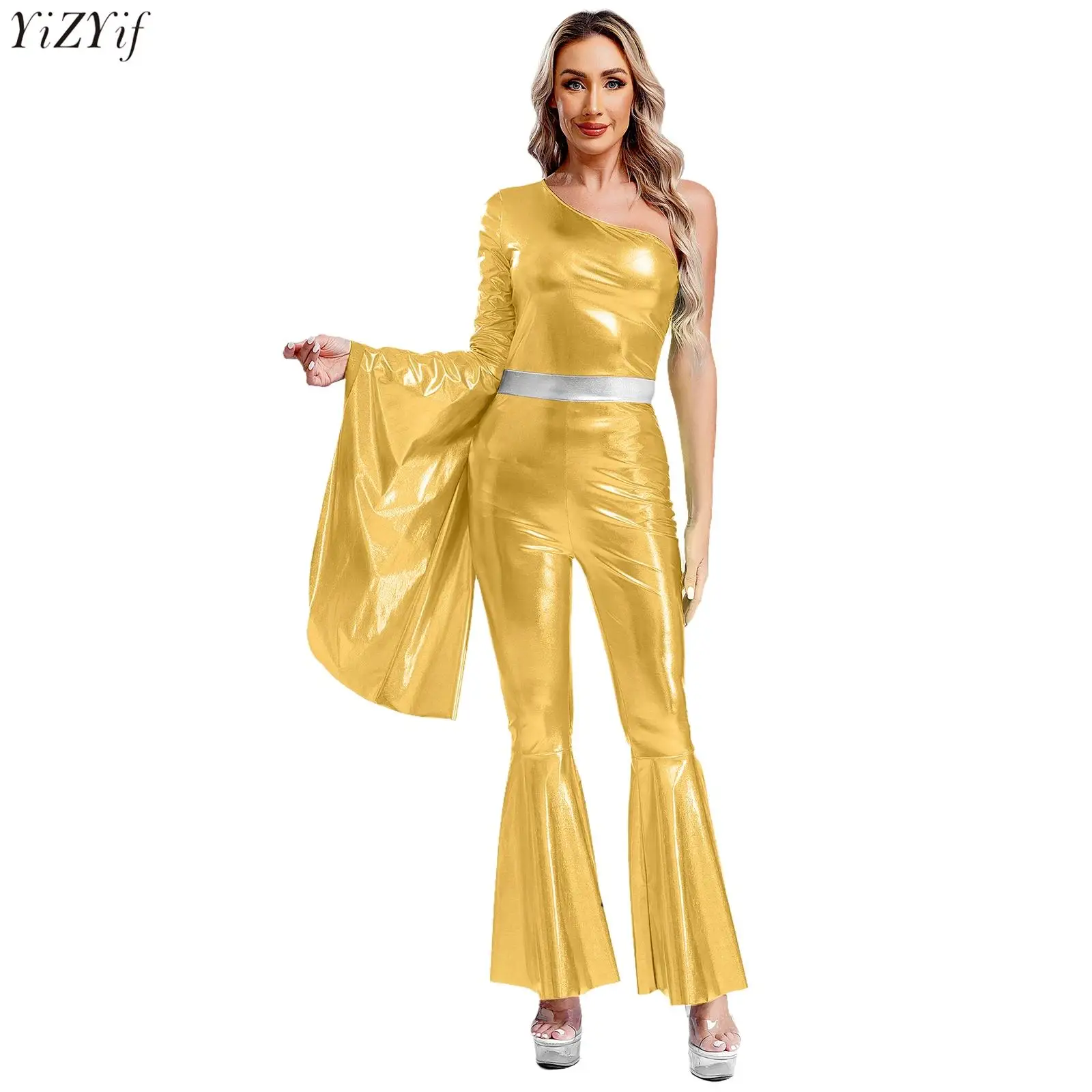 Womens 80s Disco Jazz Dance Jumpsuit Metallic One Shoulder Single Long Sleeve Flared Bell Jumpsuit Bodysuit Rave Party Clubwear
Womens 80s Disco Jazz Dance Jumpsuit Metallic One Shoulder Single Long Sleeve Flared Bell Jumpsuit Bodysuit Rave Party Clubwear