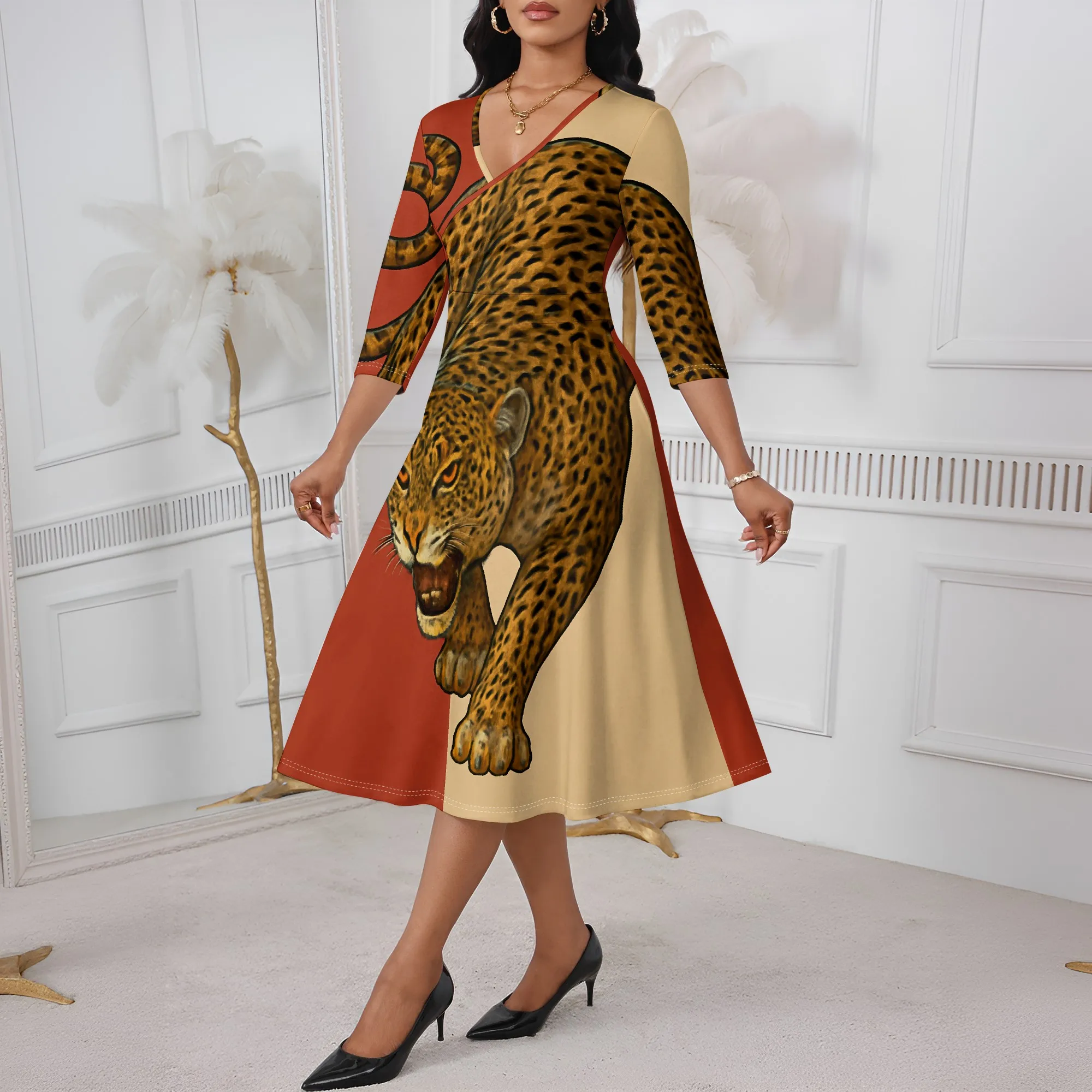 Leopard Print Power Midi Dress XS-3XL V-Neck A-Line Style for Juneteenth, Afro Heritage or Urban Cultural Celebration Look
Leopard Print Power Midi Dress XS-3XL V-Neck A-Line Style for Juneteenth, Afro Heritage or Urban Cultural Celebration Look