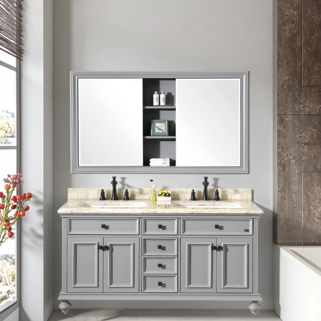 Custom Luxury USA Design Double Basin Solid Wood Eco-Friendly Water Resistant Lacquered Finish Floor Standing Bathroom Va
Custom Luxury USA Design Double Basin Solid Wood Eco-Friendly Water Resistant Lacquered Finish Floor Standing Bathroom Va