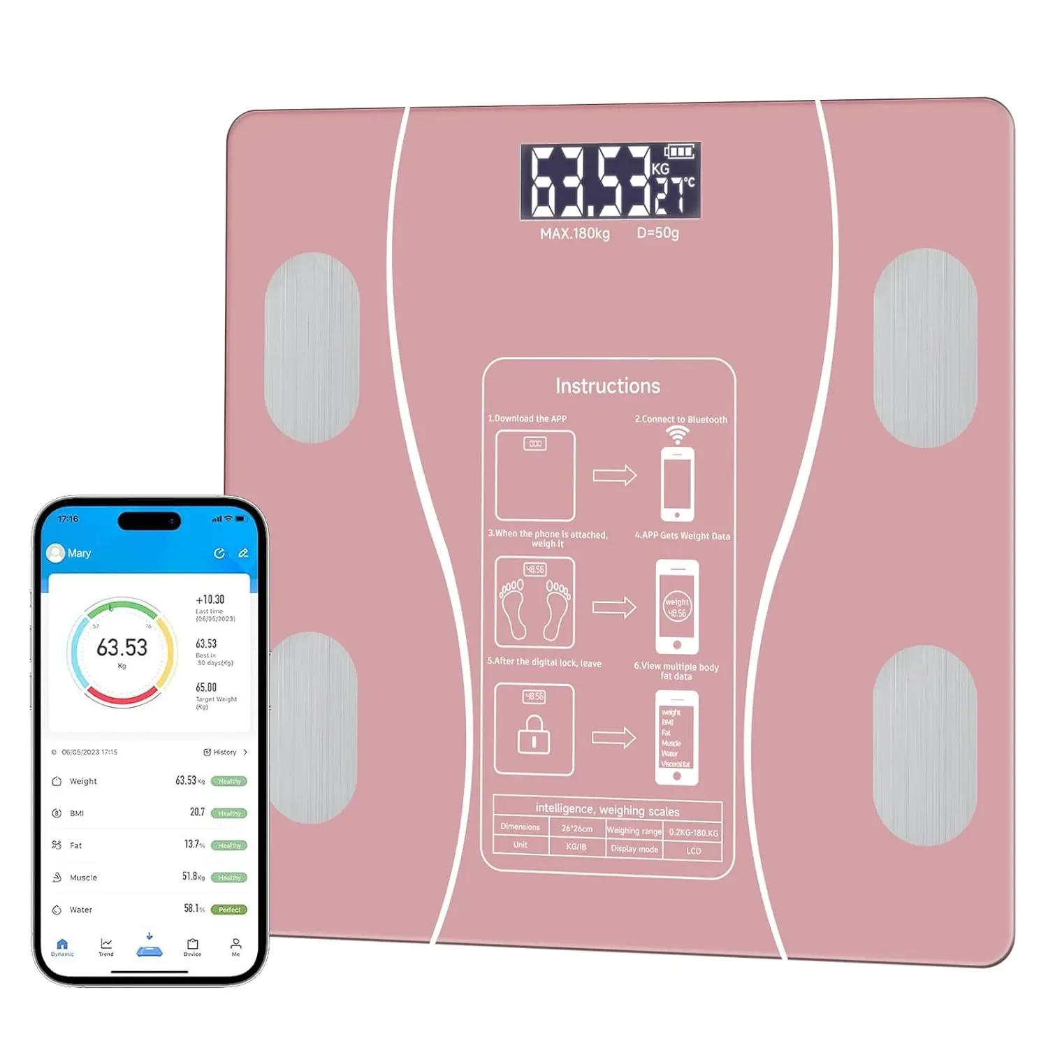 Smart Digital Bathroom Scale with Bluetooth, Measures Weight, Body Fat, BMI, Muscle Mass - Pink
Smart Digital Bathroom Scale with Bluetooth, Measures Weight, Body Fat, BMI, Muscle Mass - Pink