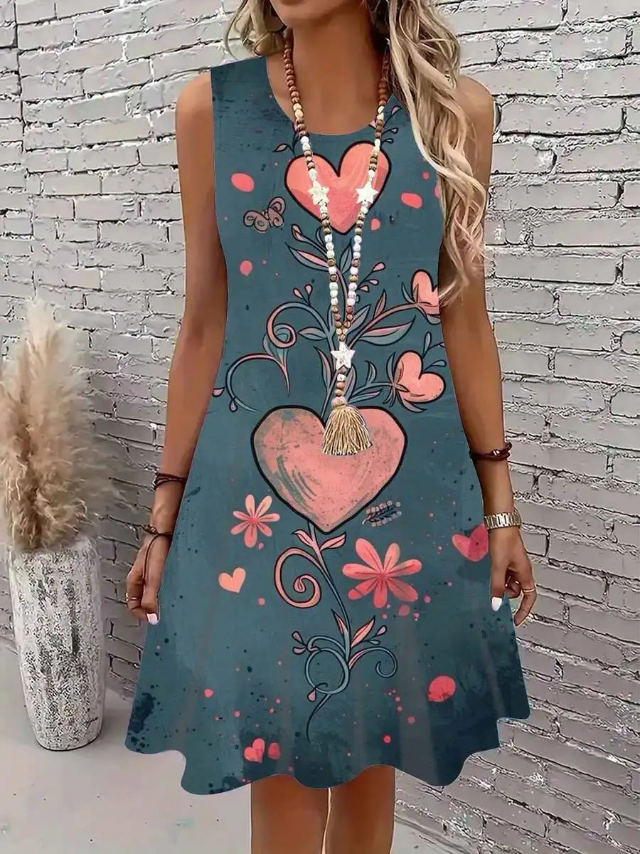 Heart Floral Print Sleeveless Dress With Tassel Necklace For Casual Outfits
Heart Floral Print Sleeveless Dress With Tassel Necklace For Casual Outfits