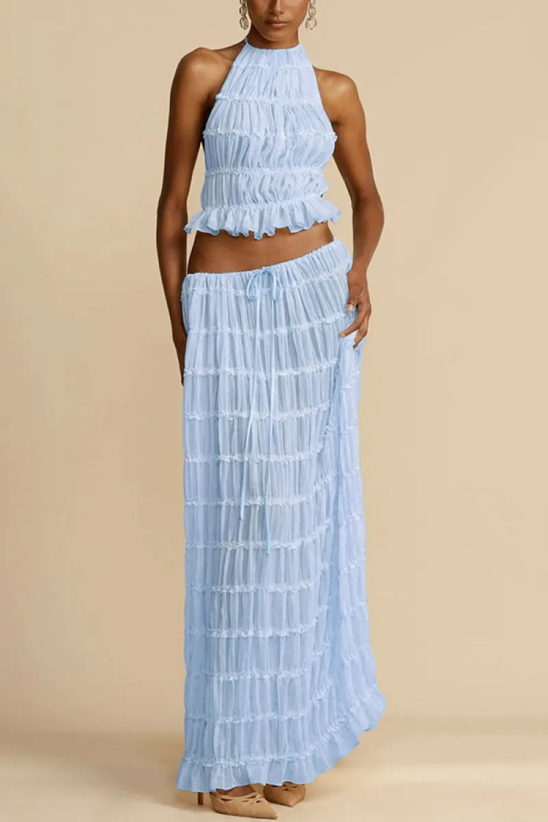 Woman Two Piece Suit Backless Hanging Neck Suspender Drawstring Chiffon Pleated Long Skirt Lady Purple Sexy Summer Set
Woman Two Piece Suit Backless Hanging Neck Suspender Drawstring Chiffon Pleated Long Skirt Lady Purple Sexy Summer Set