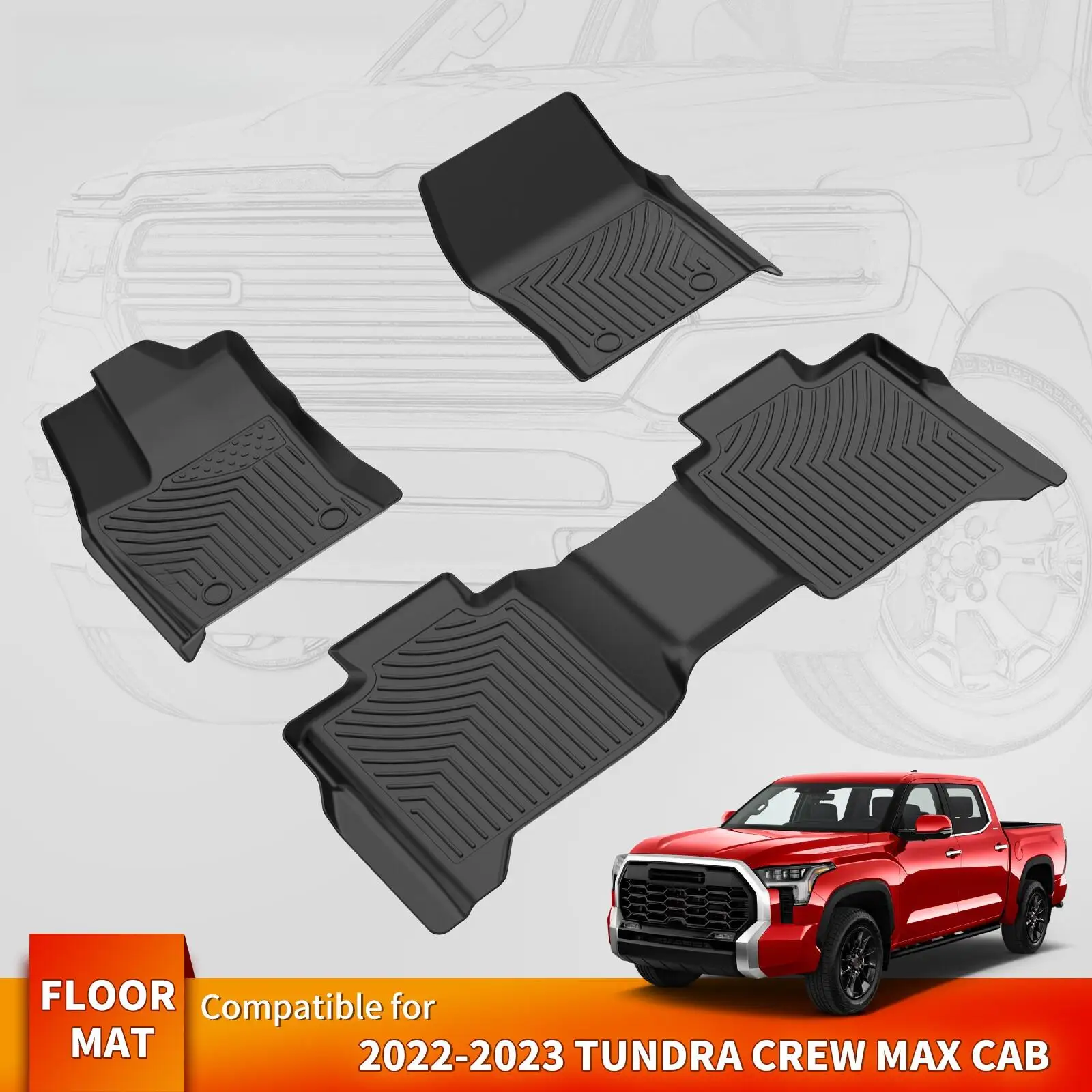 3D TPE Floor Mats Liners Set For 2022-2025 Toyota Tundra CrewMax Cab All-Weather
3D TPE Floor Mats Liners Set For 2022-2025 Toyota Tundra CrewMax Cab All-Weather