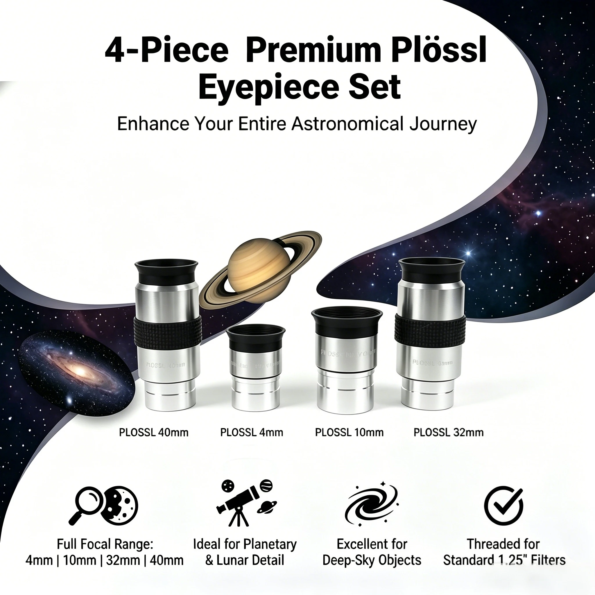 4PCS/Lot Plossl Eyepiece Kit 1.25 inch Telescope Lens 40mm 32mm 10mm 4mm HD Astronomical Eyepieces Set for Planets Deep Sky View
4PCS/Lot Plossl Eyepiece Kit 1.25 inch Telescope Lens 40mm 32mm 10mm 4mm HD Astronomical Eyepieces Set for Planets Deep Sky View