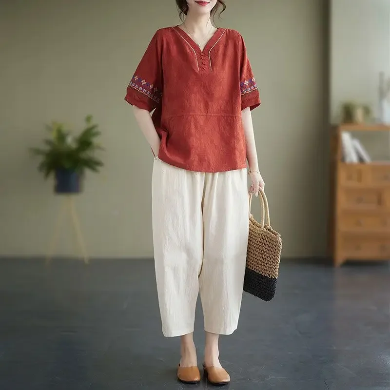 Women Summer Vintage Loose Solid Color Cotton and Linen V-neck Short Sleeve T-Shirt Ladies All-match Pants Tops Suit E5126
Women Summer Vintage Loose Solid Color Cotton and Linen V-neck Short Sleeve T-Shirt Ladies All-match Pants Tops Suit E5126