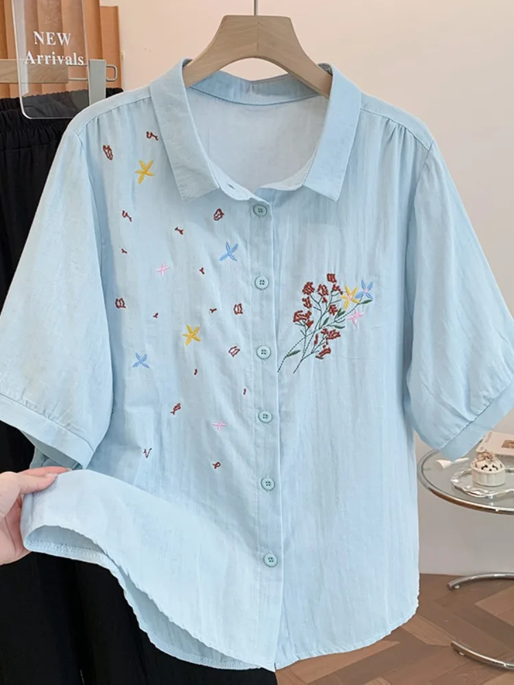 Light Blue Floral Embroidery Short Sleeve Cotton Shirt Women's Summer plus Size Turn-down Collar Double-layered Cardigan Top
Light Blue Floral Embroidery Short Sleeve Cotton Shirt Women's Summer plus Size Turn-down Collar Double-layered Cardigan Top