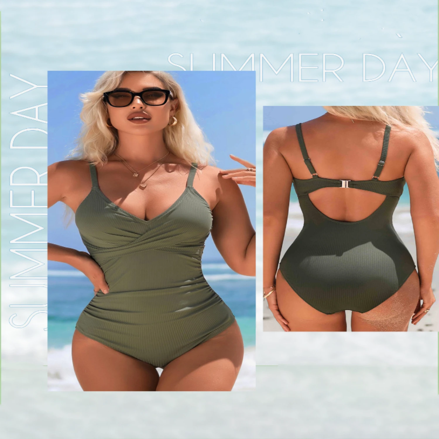 Olive Green Sexy V-Neck Swimsuit - Ribbed Fabric One-Piece Swimwear for Women
Olive Green Sexy V-Neck Swimsuit - Ribbed Fabric One-Piece Swimwear for Women