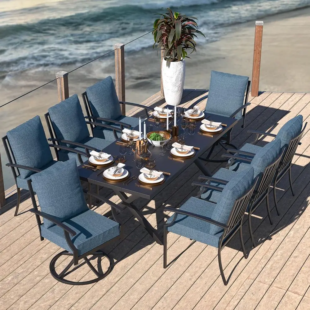 9-Piece Outdoor Dining Set with Navy Blue Cushioned Chairs and Metal Table with Umbrella Hole
9-Piece Outdoor Dining Set with Navy Blue Cushioned Chairs and Metal Table with Umbrella Hole