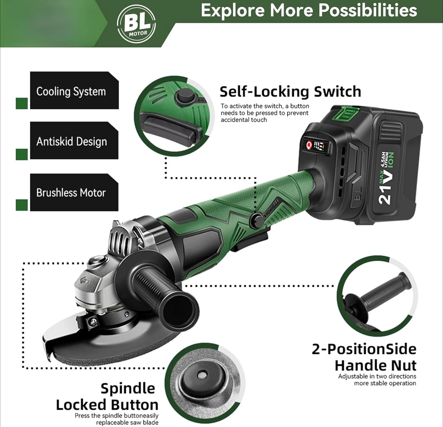 Cordless Angle Grinder, 20V 5 inch Electric Grinder Power Tools with 2 X 4.5Ah Battery, Adjustable Handle,Brushless Motor
Cordless Angle Grinder, 20V 5 inch Electric Grinder Power Tools with 2 X 4.5Ah Battery, Adjustable Handle,Brushless Motor