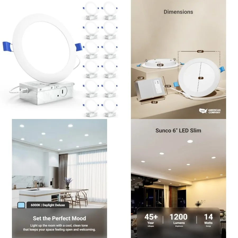 Sunco 12 Pack Recessed Lighting LED, Canless Ceilg Lights Slim with Junction Box, 1200 LM, 14W 100W Equivalent,000K Daylight De
Sunco 12 Pack Recessed Lighting LED, Canless Ceilg Lights Slim with Junction Box, 1200 LM, 14W 100W Equivalent,000K Daylight De