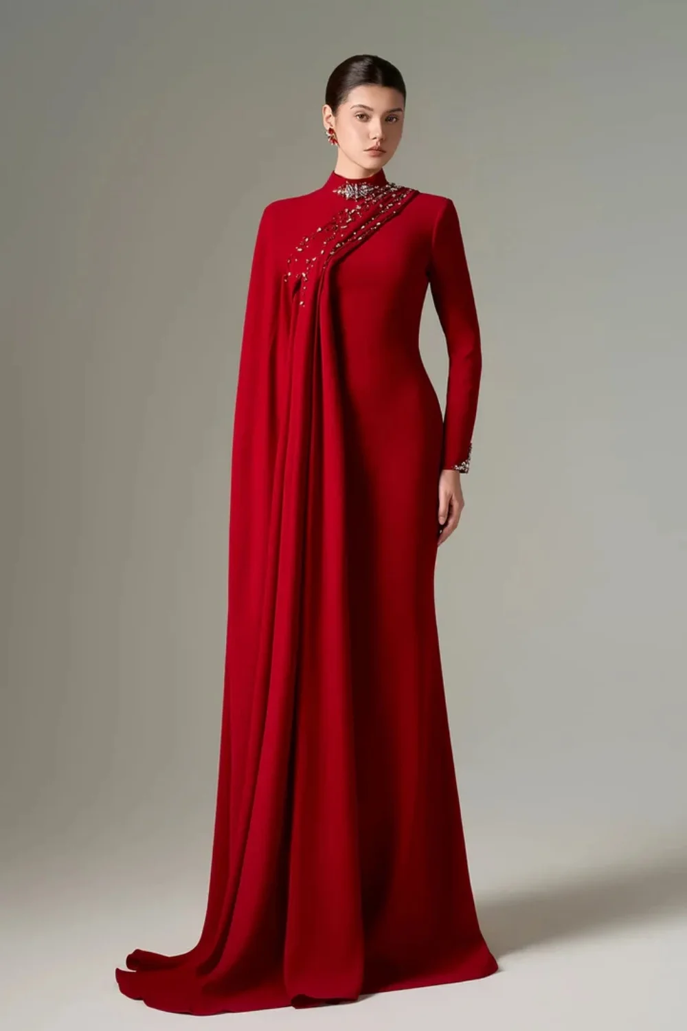 Red High Neck Evening Dresses 2025 Long Sleeve Crystal Mermaid Shawl Sweep Train Elegant Pleated Wedding Party Dress Customized
Red High Neck Evening Dresses 2025 Long Sleeve Crystal Mermaid Shawl Sweep Train Elegant Pleated Wedding Party Dress Customized