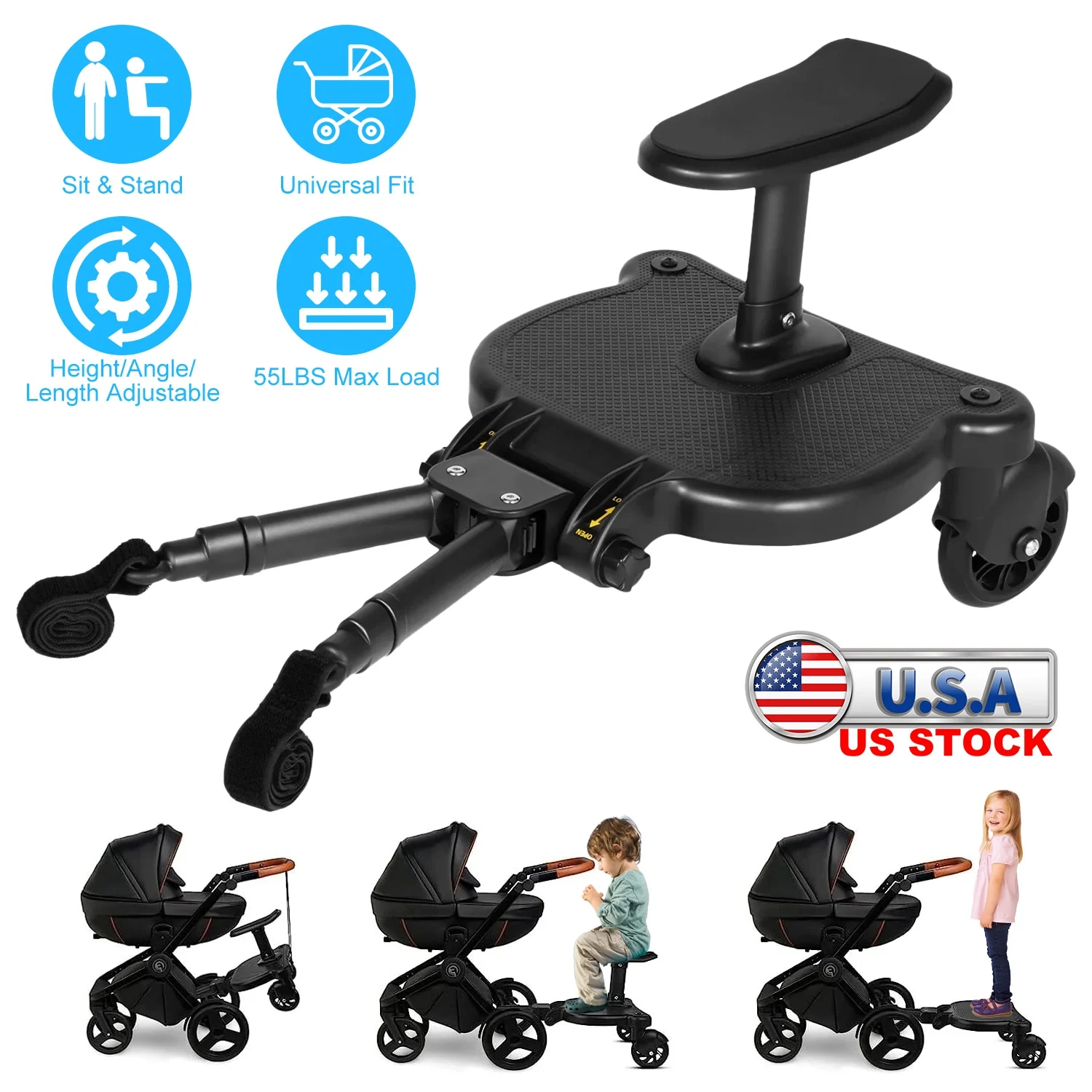 US Stock 2 in 1 Universal Stroller Board with Detachable Seat, Sit and Stand Buggy Wheeled Board for Toddler, Glider Board Attachment for 3-7 Years Old Kids up to 55lbs, Fits 95% Stroller Models Fast Shipping
US Stock 2 in 1 Universal Stroller Board with Detachable Seat, Sit and Stand Buggy Wheeled Board for Toddler, Glider Board Attachment for 3-7 Years Old Kids up to 55lbs, Fits 95% Stroller Models Fast Shipping