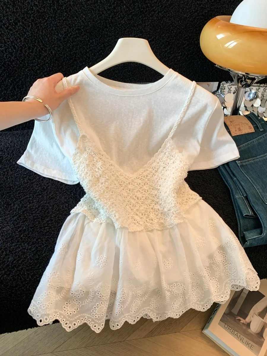 Summer Hollow out Lace Hook Short Sleeve Women's Tank Top Set Korean Style Commute Fashion Small Size Doll Shirt Top
Summer Hollow out Lace Hook Short Sleeve Women's Tank Top Set Korean Style Commute Fashion Small Size Doll Shirt Top