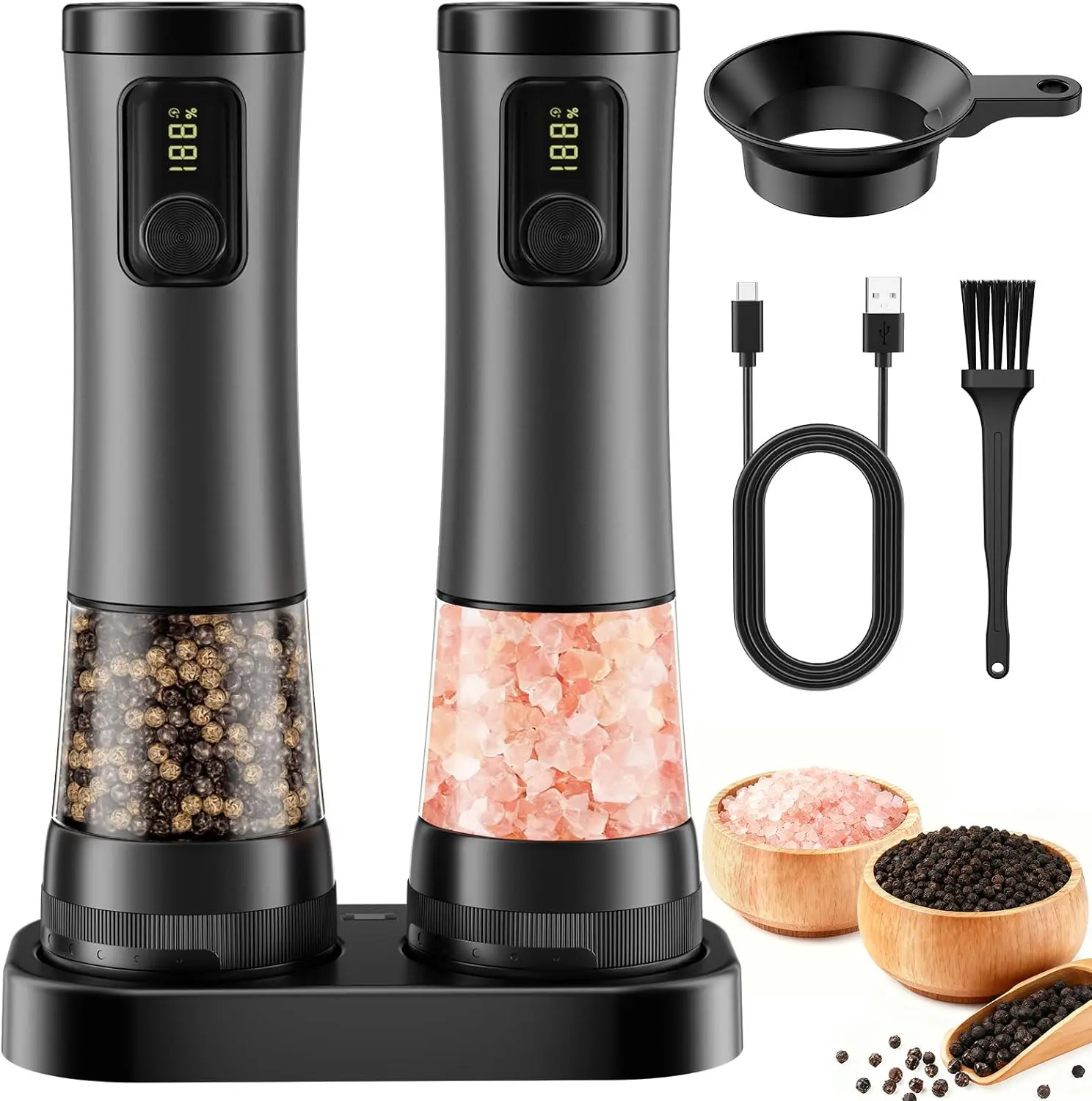 Rechargeable Electric Salt and Pepper Grinder Set with LED Display, Adjustable Coarseness, and Ceramic Blades for Kitchen Use
Rechargeable Electric Salt and Pepper Grinder Set with LED Display, Adjustable Coarseness, and Ceramic Blades for Kitchen Use