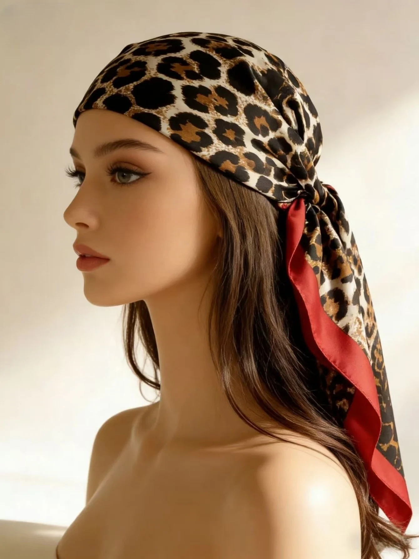 Boho 1 Pc 90cm Women Bandana Leopard Printed Square Scarf, Casual Sunscreen Head Wrap & Neck Scarf, Suitable For Nighttime Breast Wrapping, Sleeping And Daily Wear, Can Be Worn As A Square Scarf, Bandana, Headwrap Or Bandana Top
Boho 1 Pc 90cm Women Bandana Leopard Printed Square Scarf, Casual Sunscreen Head Wrap & Neck Scarf, Suitable For Nighttime Breast Wrapping, Sleeping And Daily Wear, Can Be Worn As A Square Scarf, Bandana, Headwrap Or Bandana Top