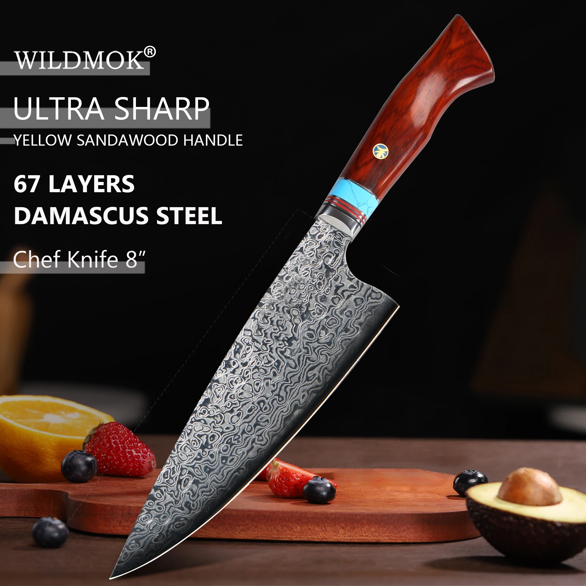 WILDMOK 8 Inch Handmade Forged Damascus Steel Chef Knife with Yellow Sandalwood Handle for Meat & Daily Cooking
WILDMOK 8 Inch Handmade Forged Damascus Steel Chef Knife with Yellow Sandalwood Handle for Meat & Daily Cooking