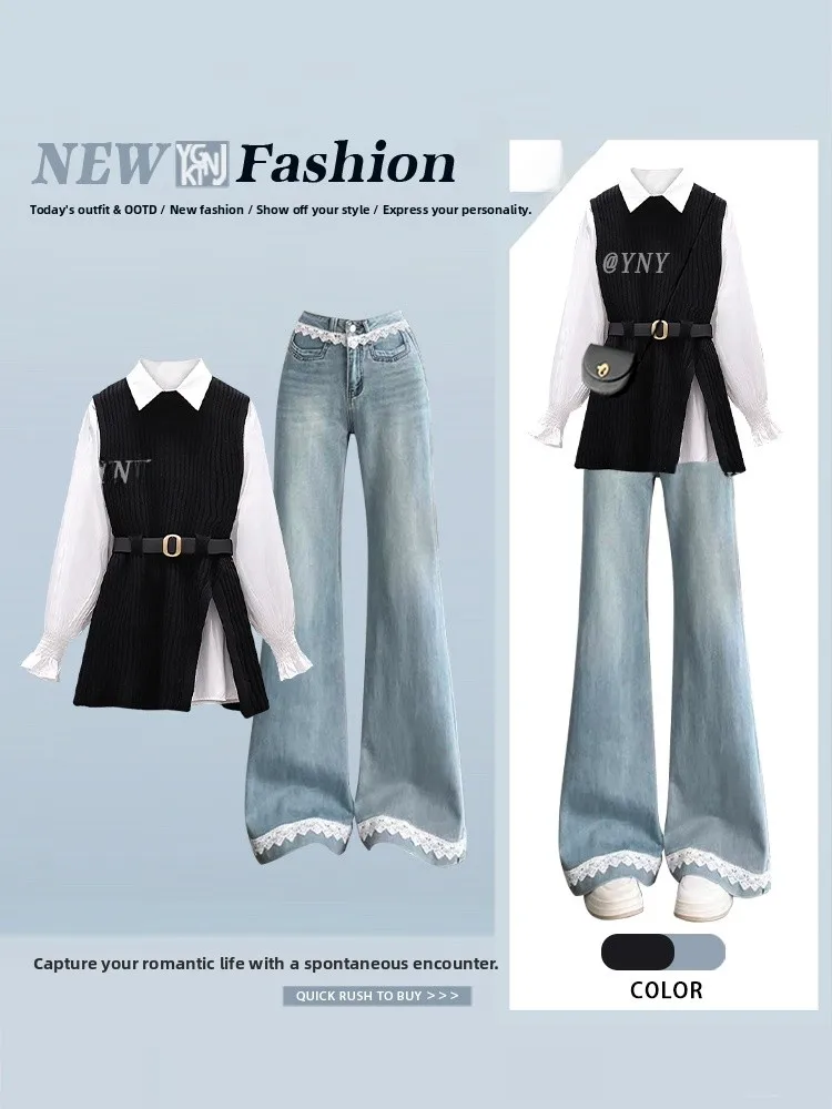 Elegant Commuter Style Long Sleeve Knitted Shirt And Wide Leg Jeans Women's Fashion Set Autumn Season Casual Wear
Elegant Commuter Style Long Sleeve Knitted Shirt And Wide Leg Jeans Women's Fashion Set Autumn Season Casual Wear