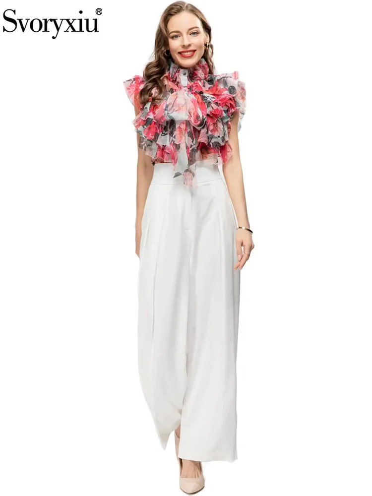 Svoryxiu Spring Summer Floral Print Trousers Suit Women's Stand Collar Sleeveless Flounces Shirt+White High Waist Wide Leg Pants
Svoryxiu Spring Summer Floral Print Trousers Suit Women's Stand Collar Sleeveless Flounces Shirt+White High Waist Wide Leg Pants