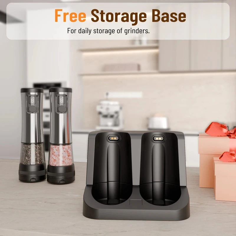 NewElectric Automatic Pepper Salt Grinder Set with Rechargeable Base LED Electricity Indicator Adjustable Coarseness for Kitchen
NewElectric Automatic Pepper Salt Grinder Set with Rechargeable Base LED Electricity Indicator Adjustable Coarseness for Kitchen