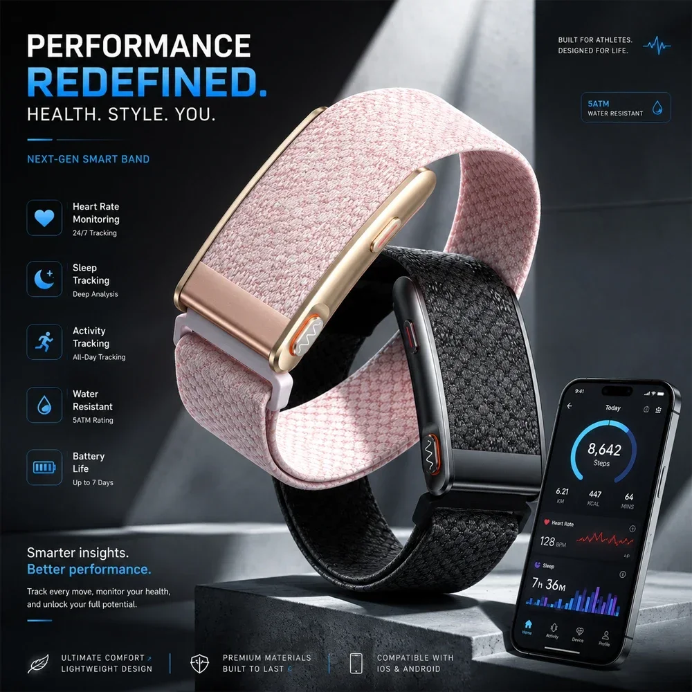 New Arrival Screenless Smart Health Watch ECG SpO2 HRV BP Sleep Tracking Sports App Alerts 3ATM Waterproof Modern Wellness
New Arrival Screenless Smart Health Watch ECG SpO2 HRV BP Sleep Tracking Sports App Alerts 3ATM Waterproof Modern Wellness
