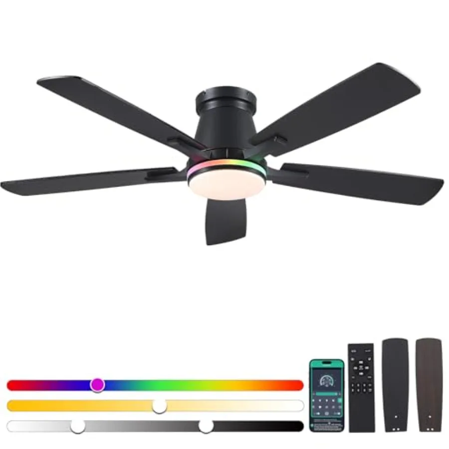Bedroom and patio ceiling fan with RGB lights, black finish, low-profile flush mount design, DC reversible motor, dimmable LED
Bedroom and patio ceiling fan with RGB lights, black finish, low-profile flush mount design, DC reversible motor, dimmable LED
