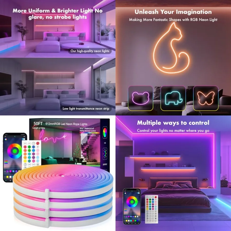 Neon Rope Lights, 50Feet RGB LED Strip Lights, Waterproof IP67 LED Lights for Bedroom, DIY Design, Music Sync, 44 Key Remote Co
Neon Rope Lights, 50Feet RGB LED Strip Lights, Waterproof IP67 LED Lights for Bedroom, DIY Design, Music Sync, 44 Key Remote Co