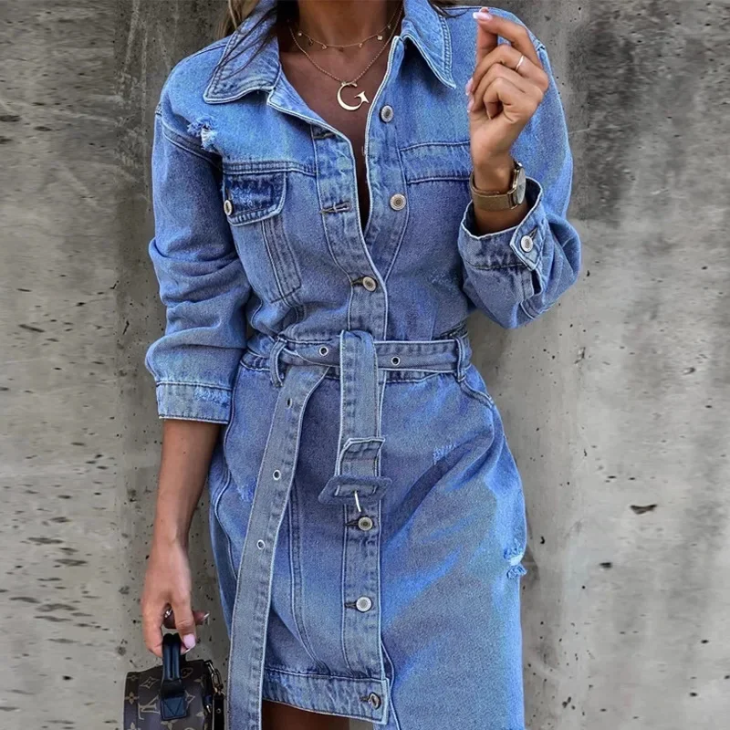 Spring Autumn Fashion Slim Denim Dresses Lace Up A-line Dress Women Elegant Party Turn-down Collar Button Ladies Dress Vestidos
Spring Autumn Fashion Slim Denim Dresses Lace Up A-line Dress Women Elegant Party Turn-down Collar Button Ladies Dress Vestidos