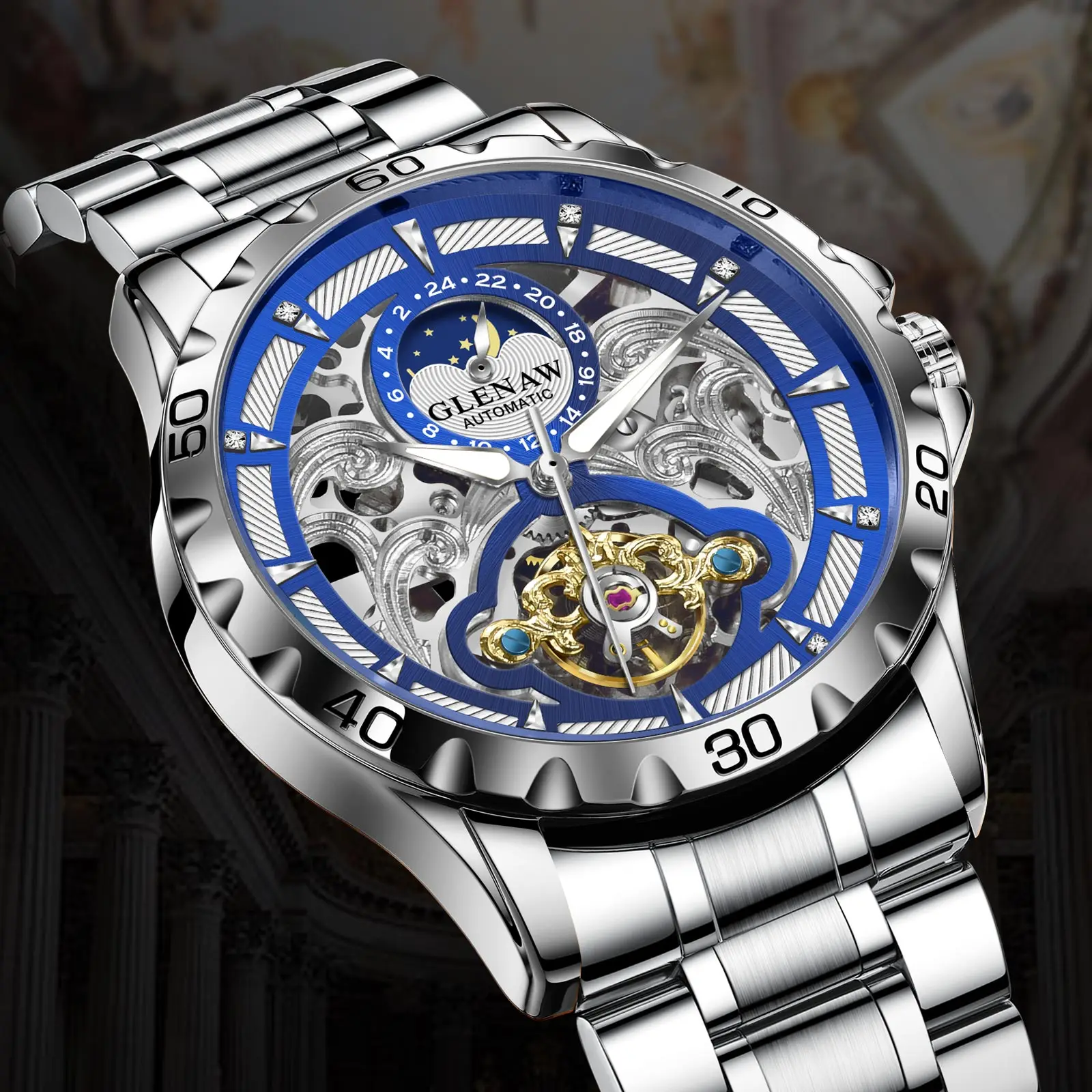 Полностью автоматические механические мужские часы Glenaw Hollow Series, многоцветные и модные индивидуальные часы высокого класса 
Полностью автоматические механические мужские часы Glenaw Hollow Series, многоцветные и модные индивидуальные часы высокого класса