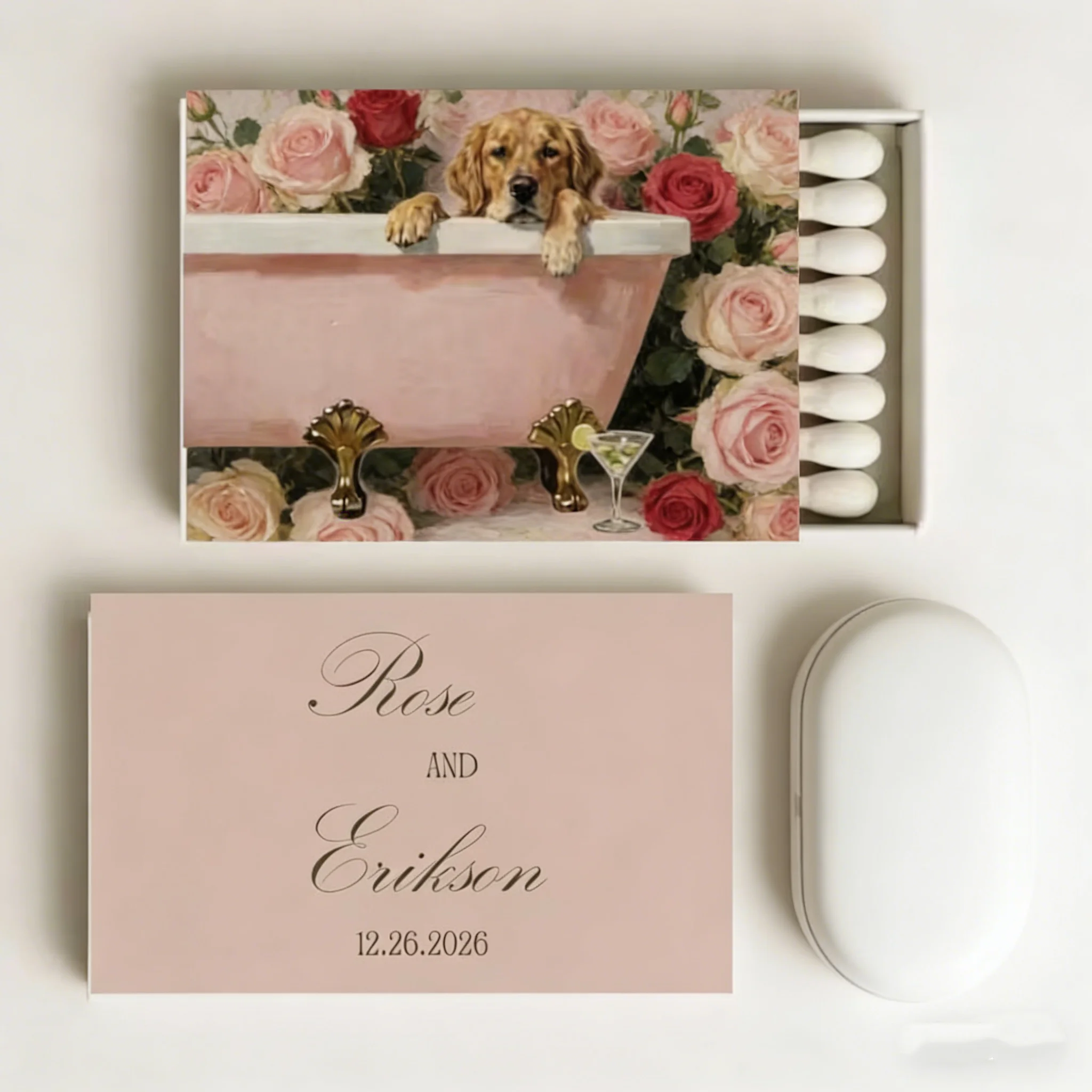 Personalized Funny Dog In Tub Pet Photo Matchboxes, Custom Golden Retriever Party Favors For Wedding & Events
Personalized Funny Dog In Tub Pet Photo Matchboxes, Custom Golden Retriever Party Favors For Wedding & Events